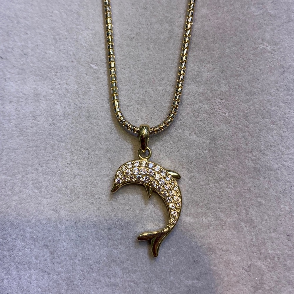14K Yellow Gold Diamond Dolphin Necklace Pendant